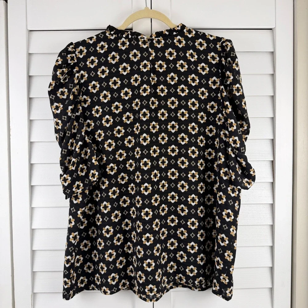 LOFT Blouse XL Black Geometric Ruffle Neck Puff Sleeve NEW